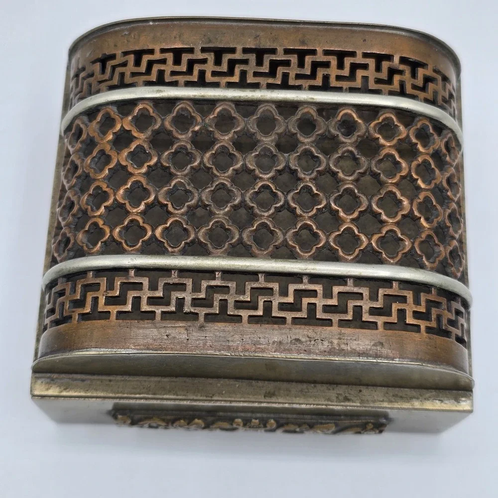 Antique Chinese Brass Jewelry Trinket Box Hinged Vtg Unique